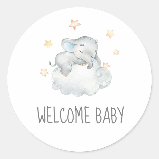 Sticker Rond Baby shower d'accueil petit éléphant couché (Devant)