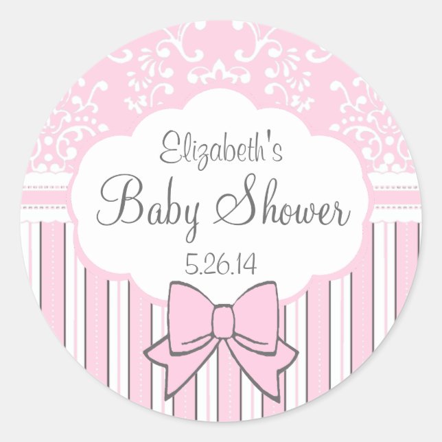 Sticker Rond Baby shower Damas rose et blanc (Devant)
