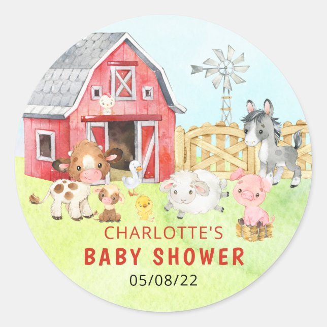 Sticker Rond Baby shower d'amis de Cute Barnyard (Devant)
