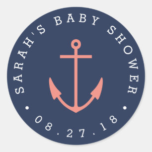Sticker Rond Baby shower d'Ancre marine et corail nautique
