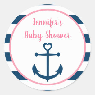 Sticker Rond Baby shower d'Ancre nautique fille de la marine ro