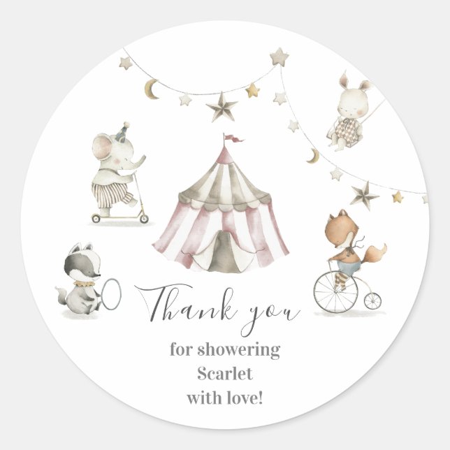 Sticker Rond Baby shower d'animaux de cirque mignons (Devant)