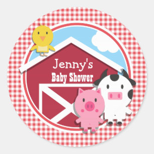 Sticker Rond Baby shower d'animaux de ferme; En vichy rouge et