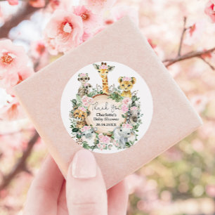 Sticker Rond Baby shower d'animaux sauvages de la jungle rose f