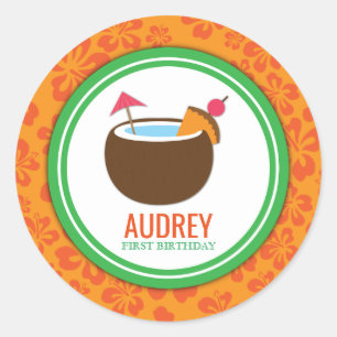Sticker Rond Baby shower d'anniversaire Hawaiian Luau Coconut