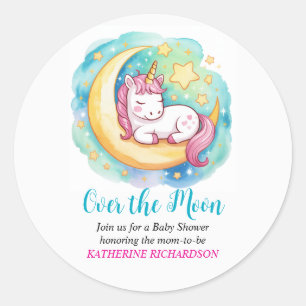 Sticker Rond Baby Shower Dans la Lune – Licorne Endormie