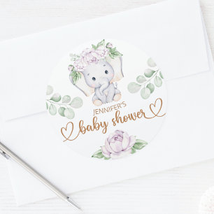 Sticker Rond Baby shower d'aquarelle bébé éléphant et fleur