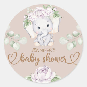 Sticker Rond Baby shower d'aquarelle bébé éléphant et fleur