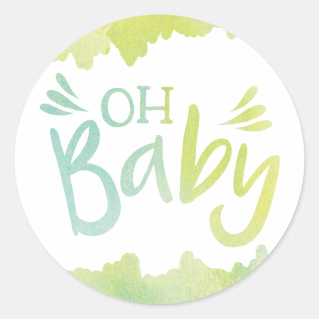 Sticker Rond baby shower d'aquarelle bleu et vert "Oh bébé" (Devant)