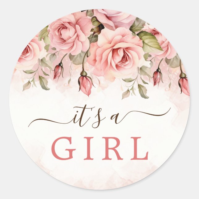 Sticker Rond Baby shower d'aquarelle Blush Rose C'est une fille (Devant)
