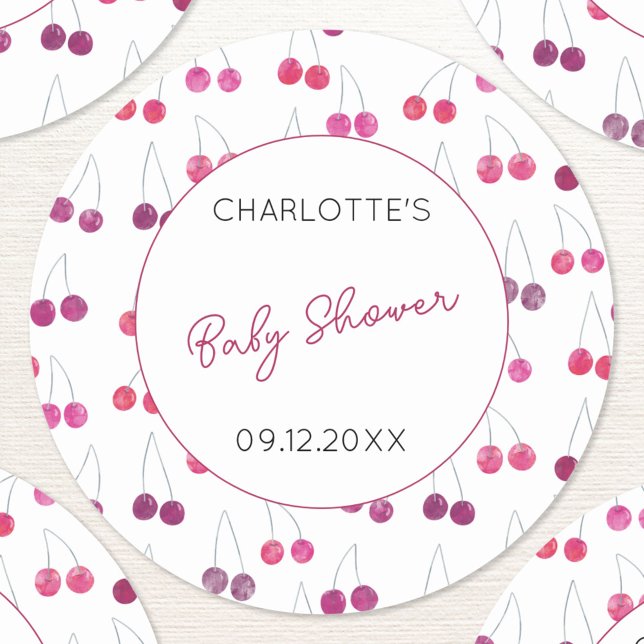 Sticker Rond Baby shower d'aquarelle cerise personnalisé (Cute watercolor cherry pink and white pattern personalized baby shower name date stickers)
