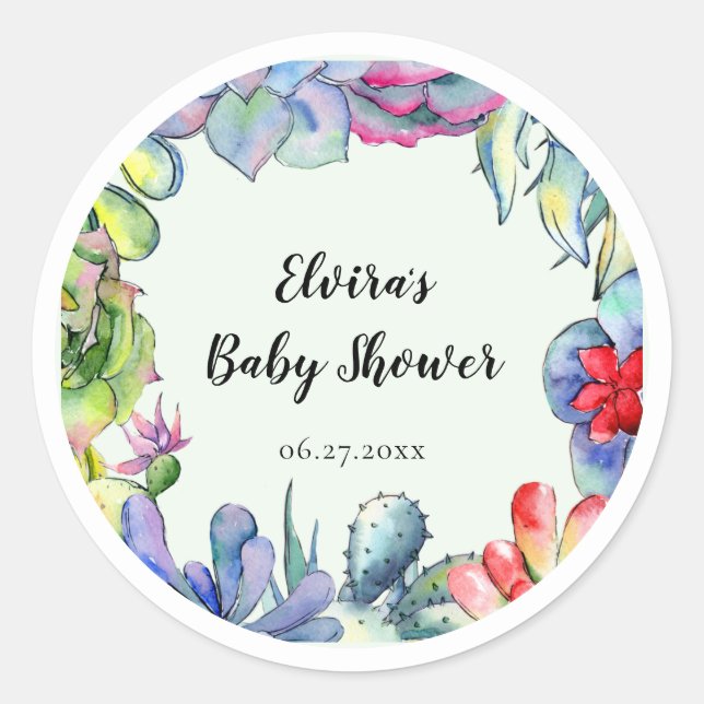 Sticker Rond Baby shower d'aquarelle de cactus succulent (Devant)