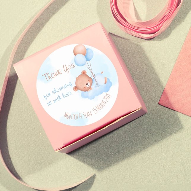 Sticker Rond Baby shower d'aquarelle d'ours bleu pastel (teddy bear baby shower thank you favor stickers)