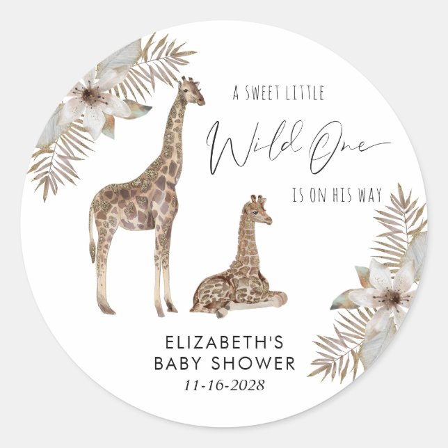 Sticker Rond Baby shower d'aquarelle Giraffes Boho (Devant)