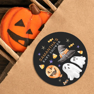 Sticker Rond Baby shower d'aquarelle Little Boo Halloween