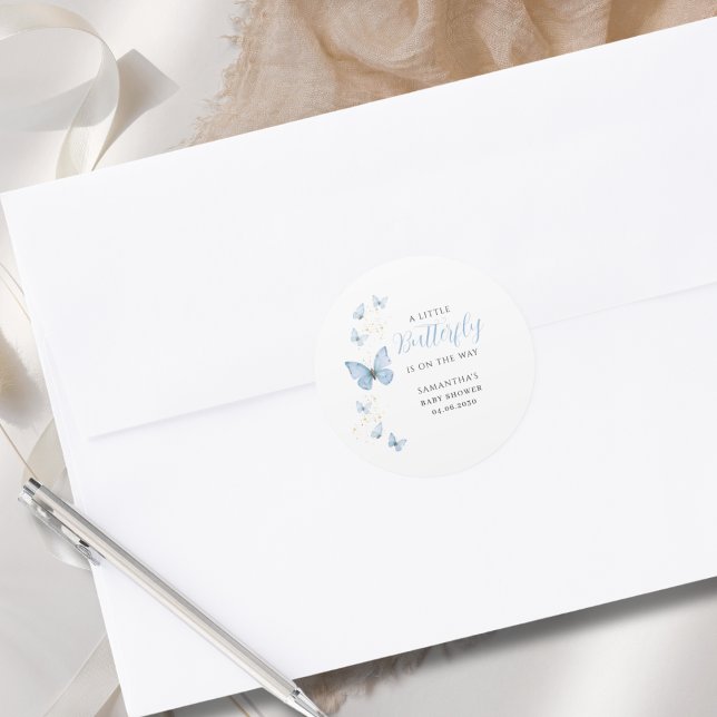Sticker Rond Baby shower d'aquarelle Little Butterfly Blue Boy (Créateur téléchargé)