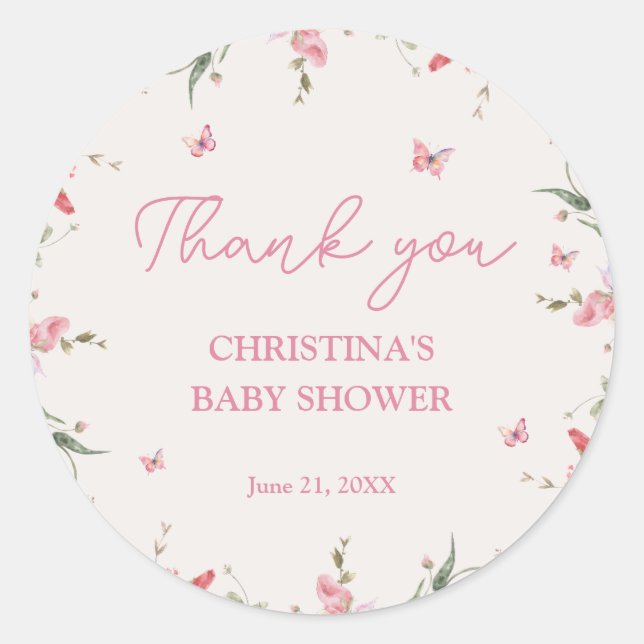Sticker Rond Baby shower d'aquarelle petit papillon Merci (Devant)