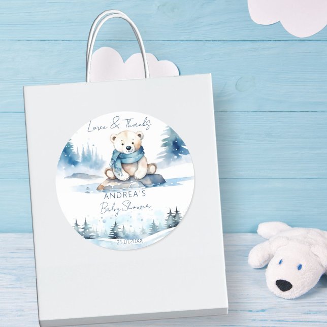 Sticker Rond Baby shower d'attente hivernale de l'ours polaire (Polar bear winter bearly wait baby shower favor sticker cute polar bear cub thank you stickers)