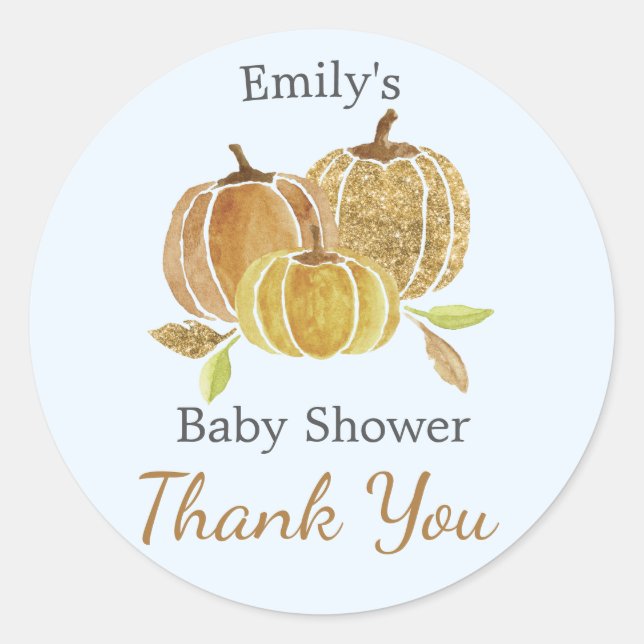 Sticker Rond Baby shower d'automne bleu Citrouille aquarelle (Devant)