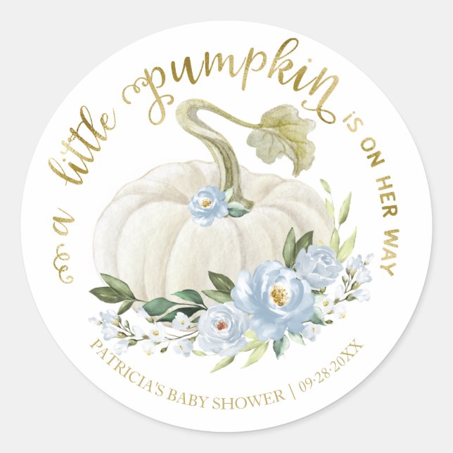 Sticker Rond Baby shower d'automne bleu Floral Little Citrouill (Devant)