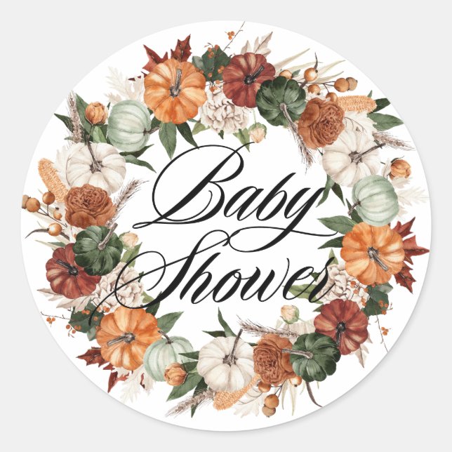 Sticker Rond Baby shower d'automne Boho Citrouilles Wreath (Devant)