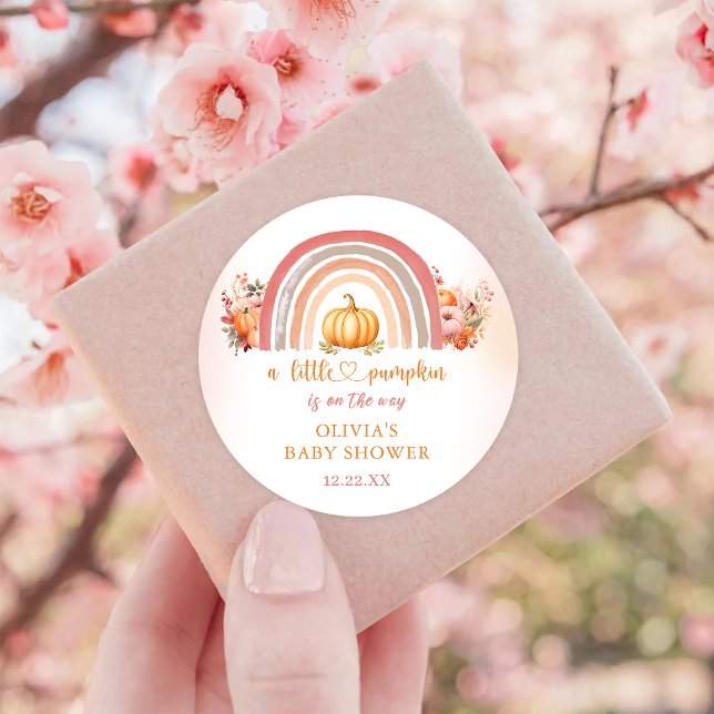 Sticker Rond Baby shower d'automne Boho Rainbow Little Citrouil (Créateur téléchargé)