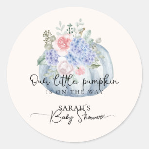 Sticker Rond Baby shower d'automne Citrouille Blue Hydrangea