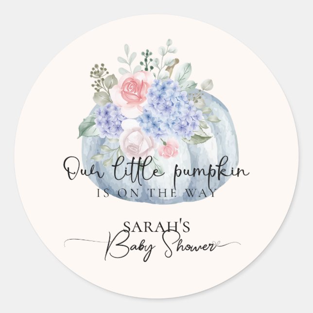 Sticker Rond Baby shower d'automne Citrouille Blue Hydrangea (Devant)
