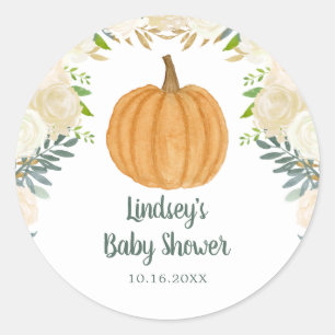 Sticker Rond Baby shower d'automne Citrouille fleuri vert