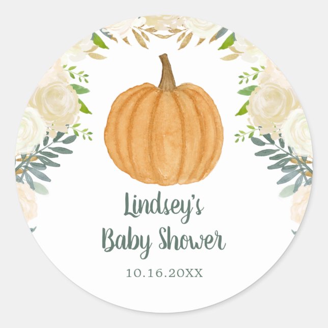 Sticker Rond Baby shower d'automne Citrouille fleuri vert (Devant)