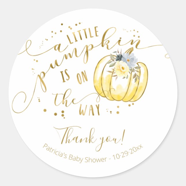 Sticker Rond Baby shower d'automne Citrouille gris jaune Merci (Devant)