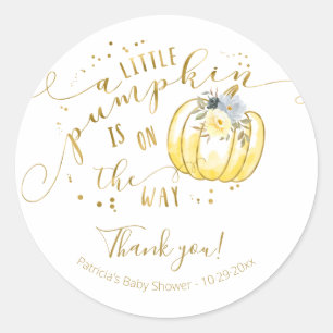 Sticker Rond Baby shower d'automne Citrouille gris jaune Merci