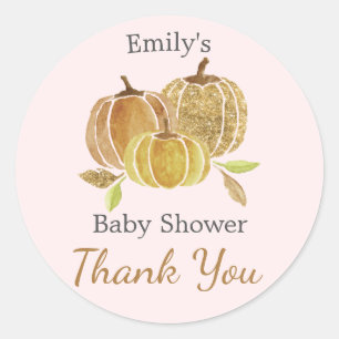 Sticker Rond Baby shower d'automne rose Citrouille d'aquarelle