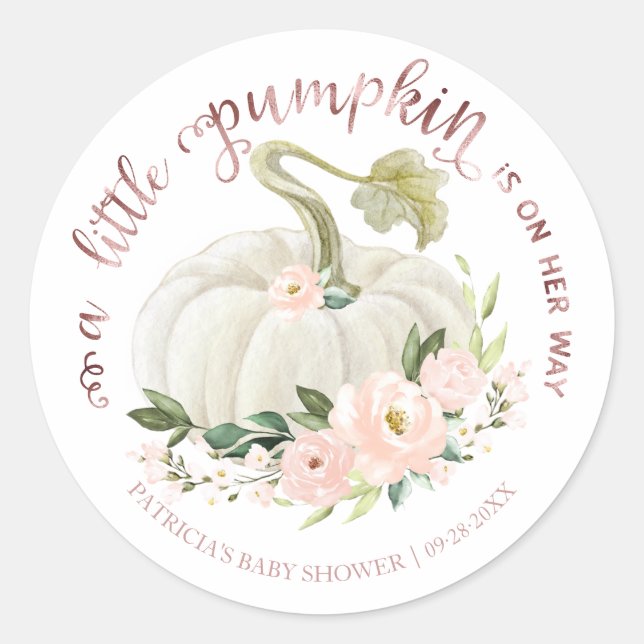 Sticker Rond Baby shower d'automne rose Floral Petit Citrouille (Devant)