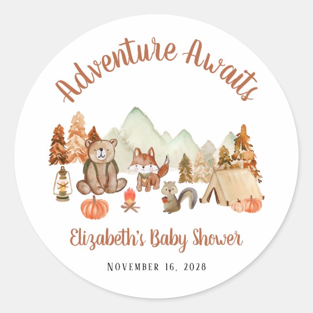 Sticker Rond Baby shower d'aventure d'automne pour les animaux  (Devant)