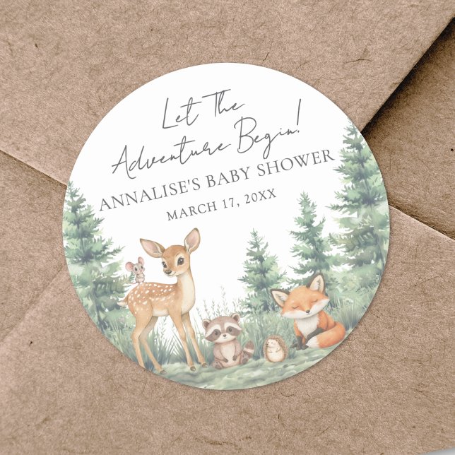 Sticker Rond Baby shower d'aventure des animaux forestiers de b (Woodland Forest Animals Adventure Baby Shower Classic Round Sticker )