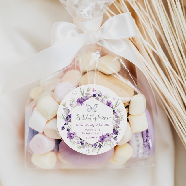 Sticker Rond Baby shower de baisers de papillon en argent viole (Créateur téléchargé)