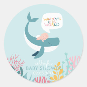 Sticker Rond Baby shower de baleine couchée mignonne