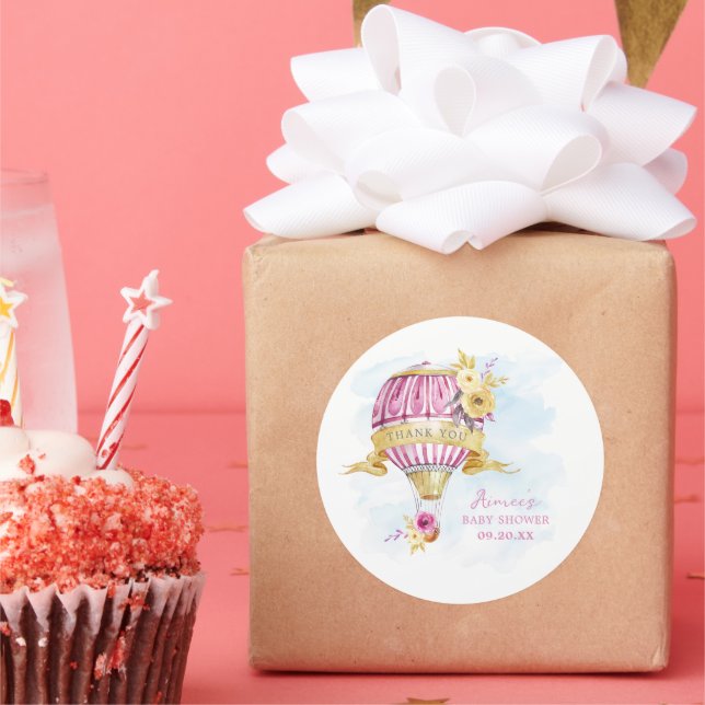 Sticker Rond Baby shower de ballon à air chaud rose personnalis (Fête)