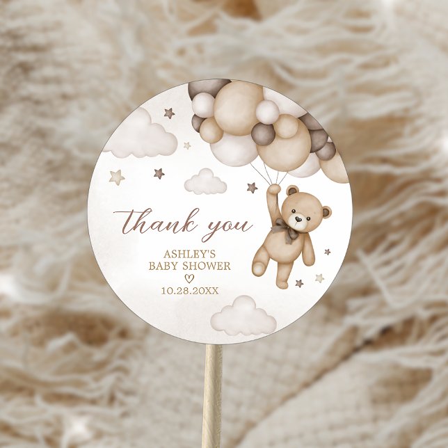 Sticker Rond Baby shower de ballon d'ours Brown (Brown Bear Balloon Baby Shower Sticker)