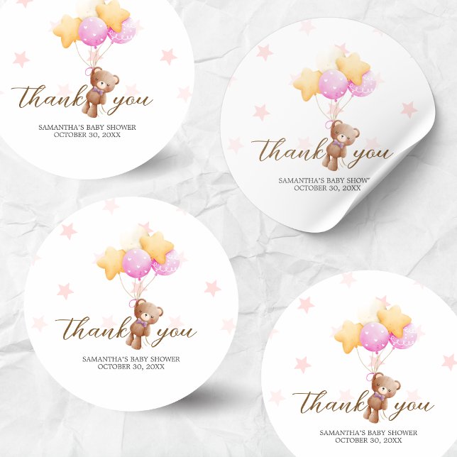 Sticker Rond Baby shower de ballon d'ours rose (Girl We Can Bearly Wait Balloon Baby Shower Sticker)