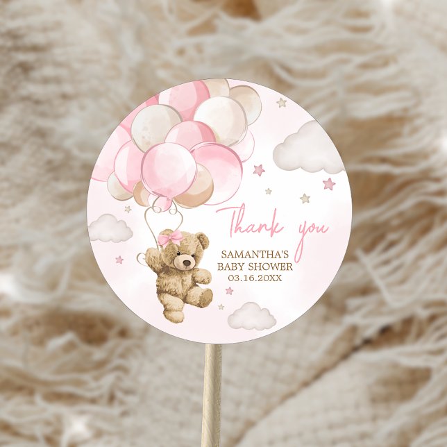 Sticker Rond Baby shower de ballon d'ours rose Boho (Boho Pink Bear Balloon Baby Shower Sticker)