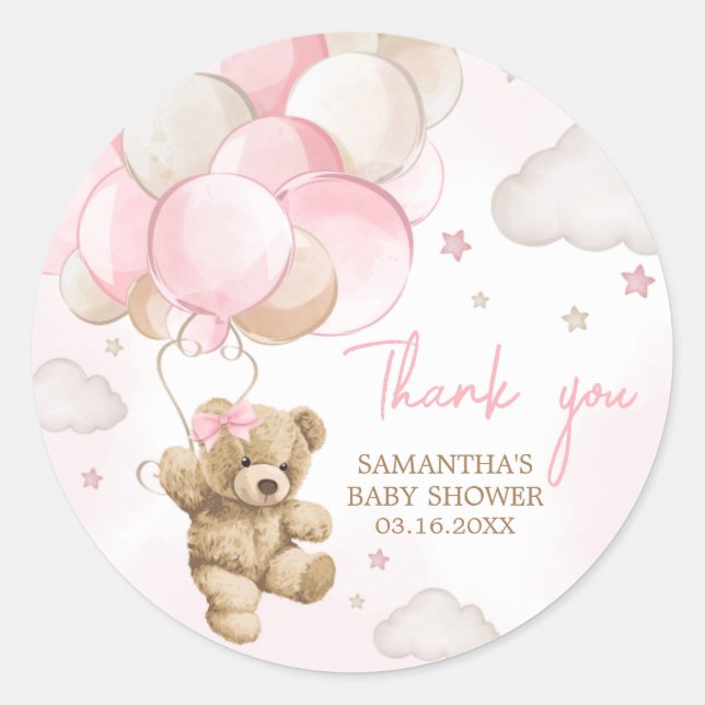 Sticker Rond Baby shower de ballon d'ours rose Boho (Devant)
