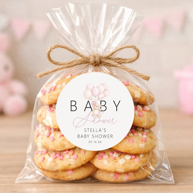 Sticker Rond Baby shower de ballons pour fille en peluche (Girl Teddy Bear Balloons Baby Shower Classic Round Sticker)