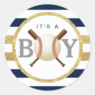 Sticker Rond Baby shower de baseball Boy Navy Blue Stripes Favo