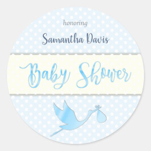 Sticker Rond Baby shower de bébé de la cigogne bleue