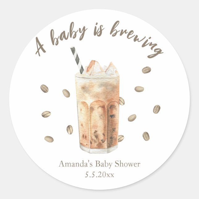 Sticker Rond Baby shower de brassage de café glacé d'aquarelle (Devant)