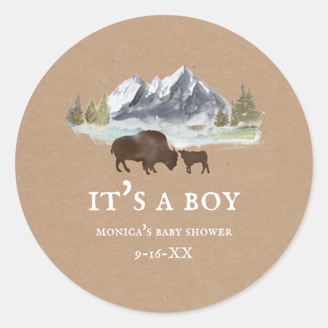 Sticker Rond Baby shower de Buffalo Mountains Cardstock (Devant)