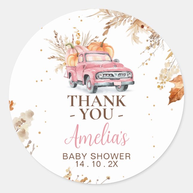 Sticker Rond Baby shower de camion Fleur sauvage rose Citrouill (Devant)