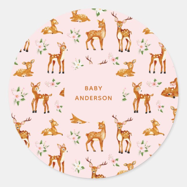 Sticker Rond Baby shower de cerfs roses (Devant)